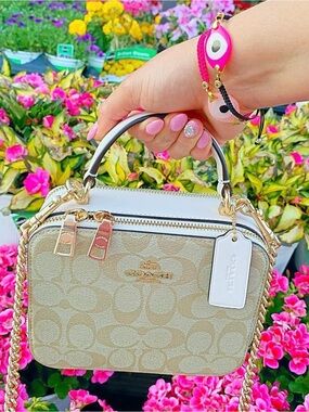 Coach Cream Signature small Box Crossbody with Pink Floral Scarf